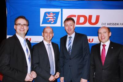 Bürgermeister Carsten Helfmann, Kreisvorsitzender Gottfried Milde, Bürgermeisterkandidat Udo Beutler und Generalsekretär Manfred Pentz